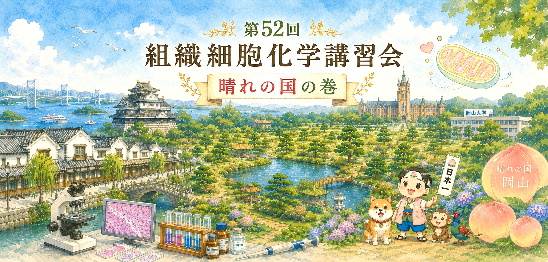 第52回 組織細胞化学講習会 晴れの国の巻。岡山城・後楽園・岡山大学のイラストに、顕微鏡・免疫染色・試験管などの研究モチーフを添えて。